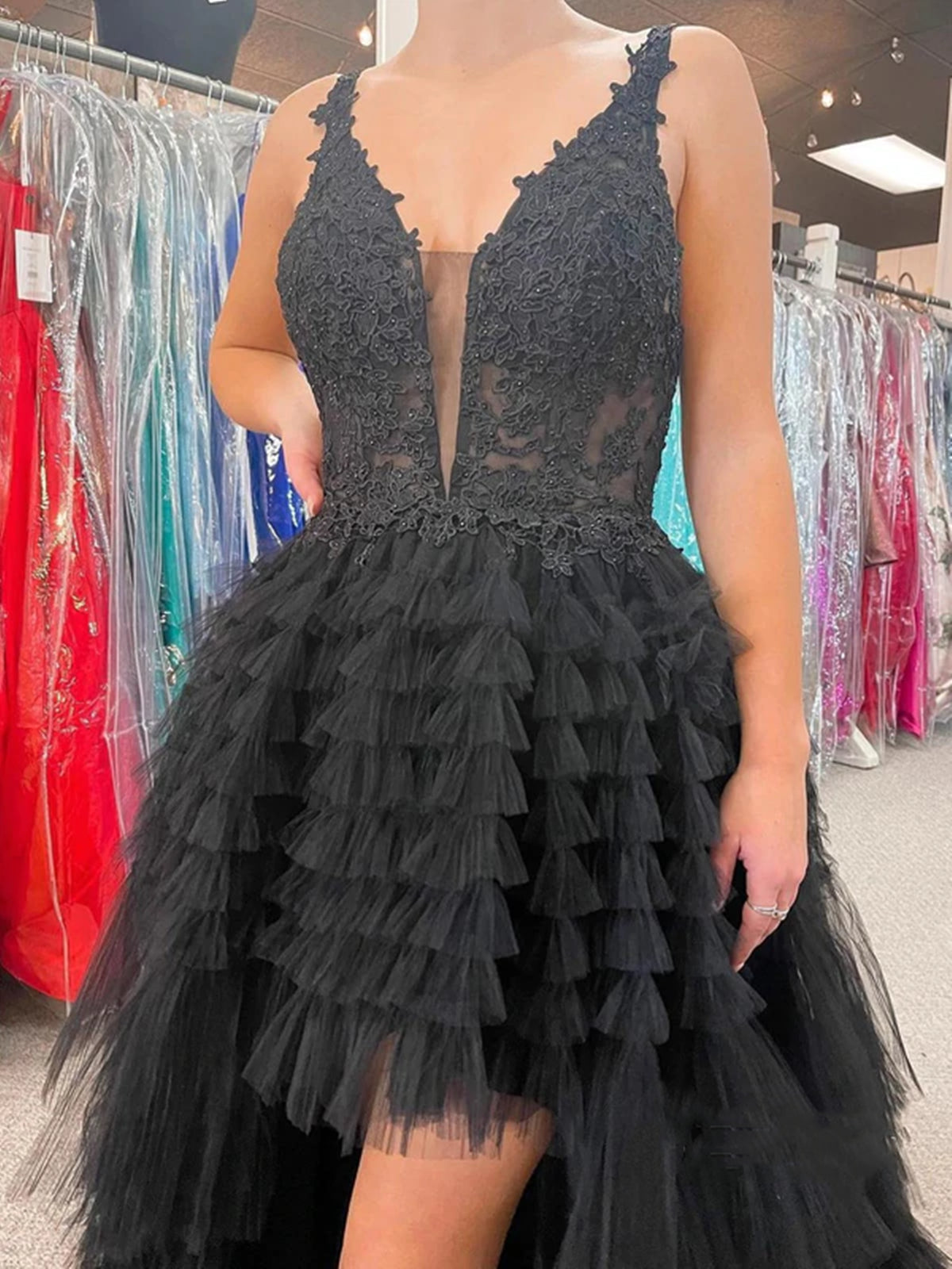 High Low A-line V-neck Tulle Prom Dress Black Formal Evening Dresses-BIZTUNNEL