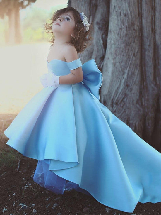 High Low Ball Gown Satin Off The Shoulder Wedding Flower Girl Dresses with Sleeves-BIZTUNNEL
