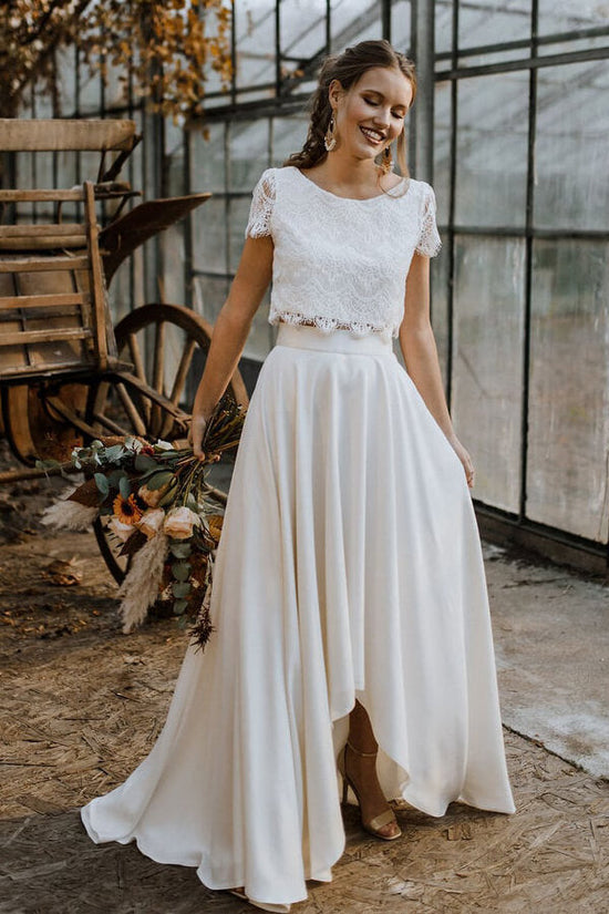 High Low Two Piece Satin Lace Wedding Dress with Sleeves-BIZTUNNEL