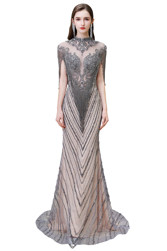 Carregar imagem no visualizador da galeria, High Neck Cap sleeves Sparkle Beads Long Prom Dresses-BIZTUNNEL
