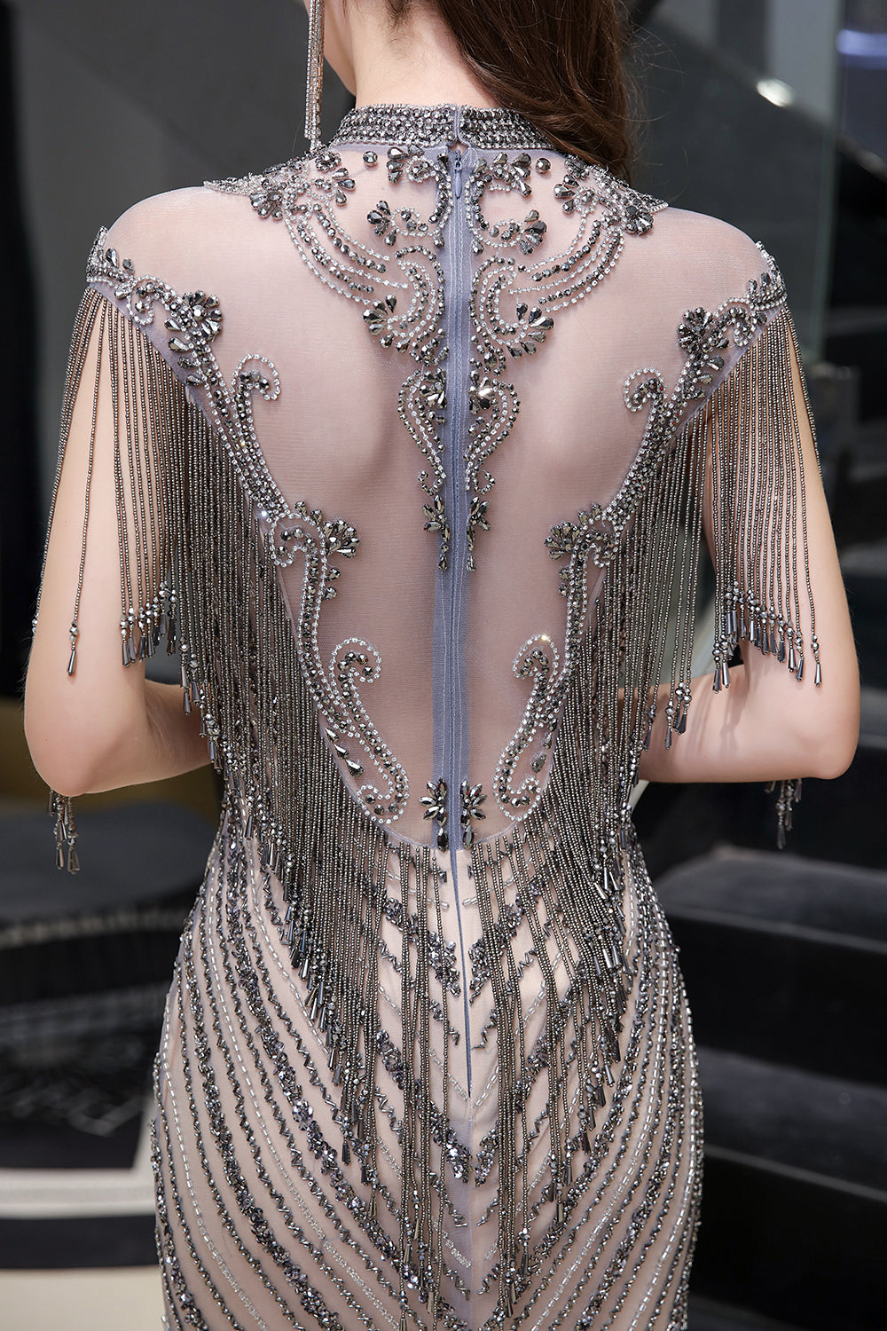 Cargar imagen en el visor de la Galería, High Neck Cap sleeves Sparkle Beads Long Prom Dresses-BIZTUNNEL
