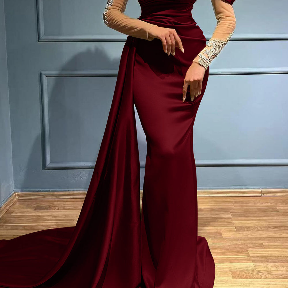 Burgundy High Neck Mermaid Long Sleeves Appliques Evening Dress Long w BIZTUNNEL Burgundy High Neck Mermaid Long Sleeves Appliques Evening Dress Long w BIZTUNNEL