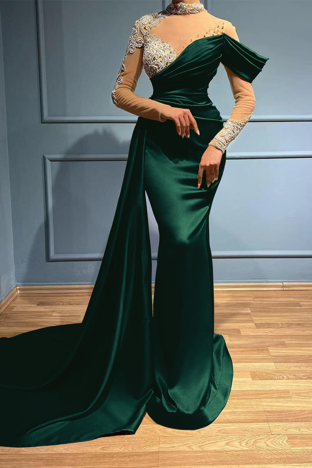 high neck elegant dress Burgundy High Neck Mermaid Long Sleeves Appliques Evening Dress Long with Ruffles
