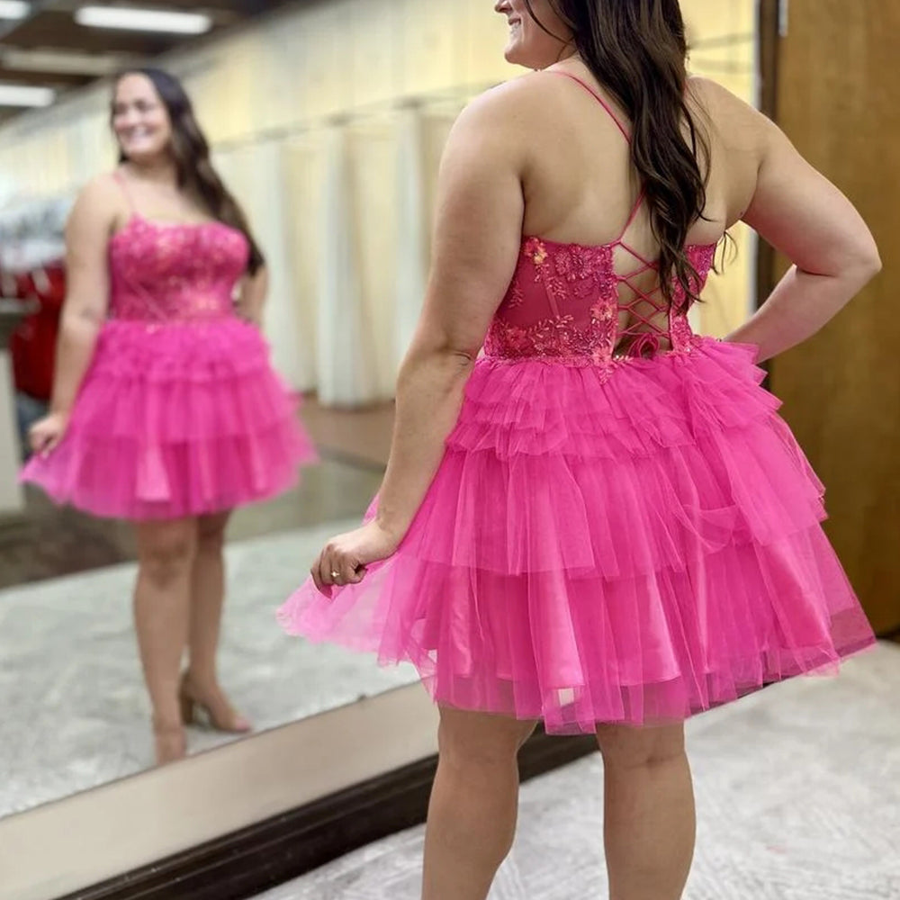 
                  
                    Hot Pink A Line Spaghetti Straps Corset Short Homecoming Dress 
                  
                