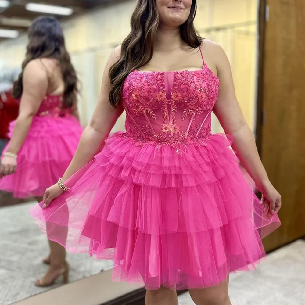 Hot Pink A Line Spaghetti Straps Corset Short Homecoming Dress 