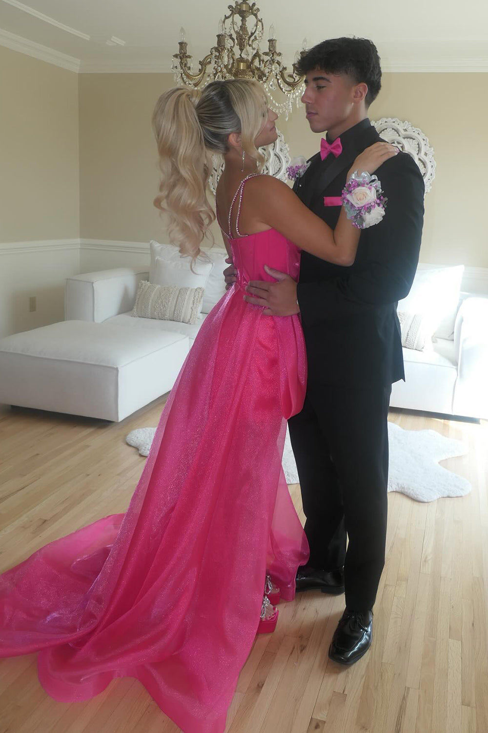 hot pink spaghetti dress Hot Pink Spaghetti Straps V Neck Slit Gown