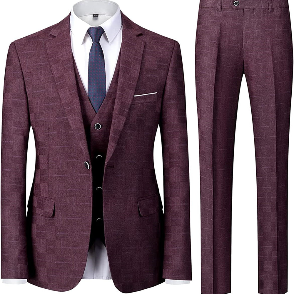 
                  
                    Iexus Chic Burgundy Plaid Notched Lapel Three Pieces Business Suits For Men
                  
                