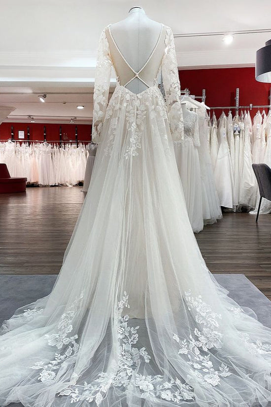 Charger l&amp;#39;image dans la galerie, Ivory A-line Tulle Long Sleeves Lace Appliques Open Back Wedding Dresses-BIZTUNNEL
