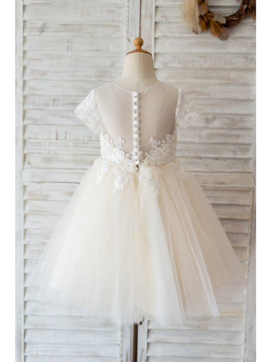 Ivory Ball Gown Tulle Jewel Neck Wedding Birthday Flower Girl Dresses-BIZTUNNEL