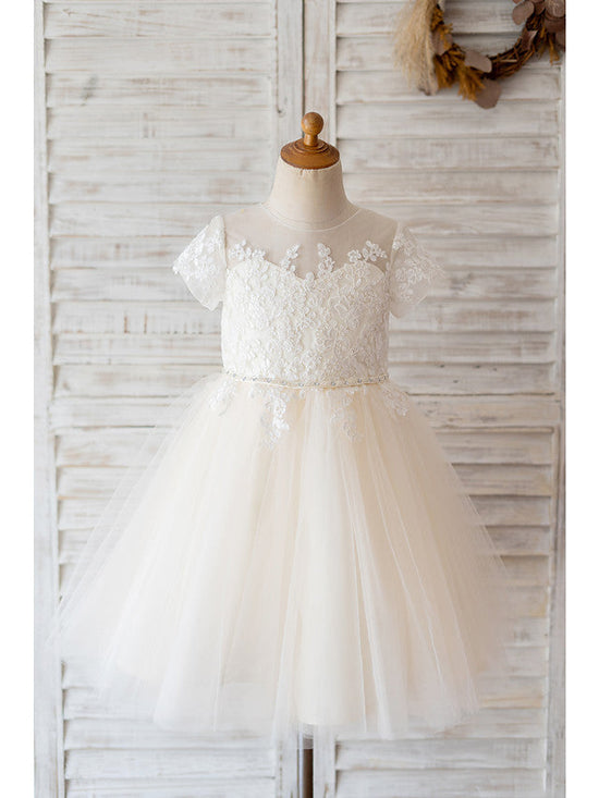 Ivory Ball Gown Tulle Jewel Neck Wedding Birthday Flower Girl Dresses-BIZTUNNEL