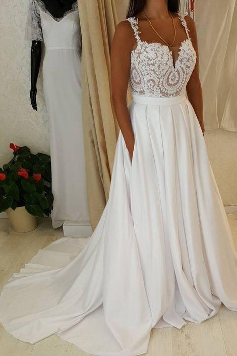 Ivory Beach Long A-line Sweetheart Chiffon Wedding Dress with Pockets-BIZTUNNEL