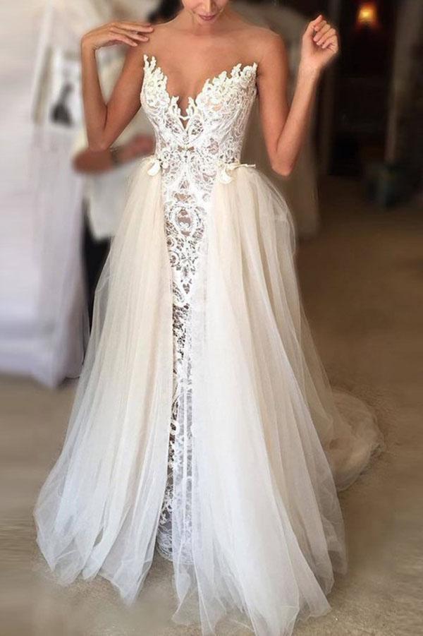 Ivory Lace Tulle Wedding Dresses with Sweetheart Neckline & Court Train - MQ019