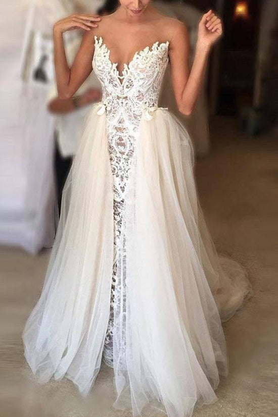 Ivory Long A-line Sweetheart Lace Tulle Wedding Dress-BIZTUNNEL
