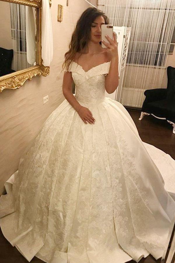 Ivory Long Ball Gown Off the Shoulder Satin Lace Appliques Wedding Dress-BIZTUNNEL