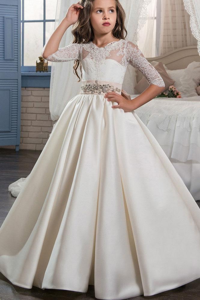 Ivory Long Ball Gown Satin Flower Girl Dresses with Sleeves-BIZTUNNEL