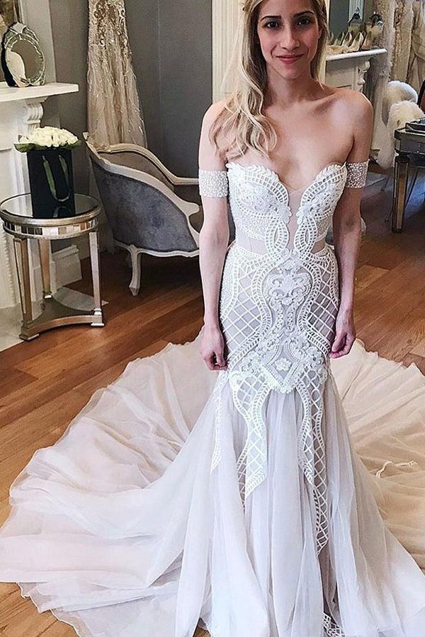 Ivory Long Mermaid Off-the-Shoulder Chapel Train Tulle Lace Wedding Dress-BIZTUNNEL