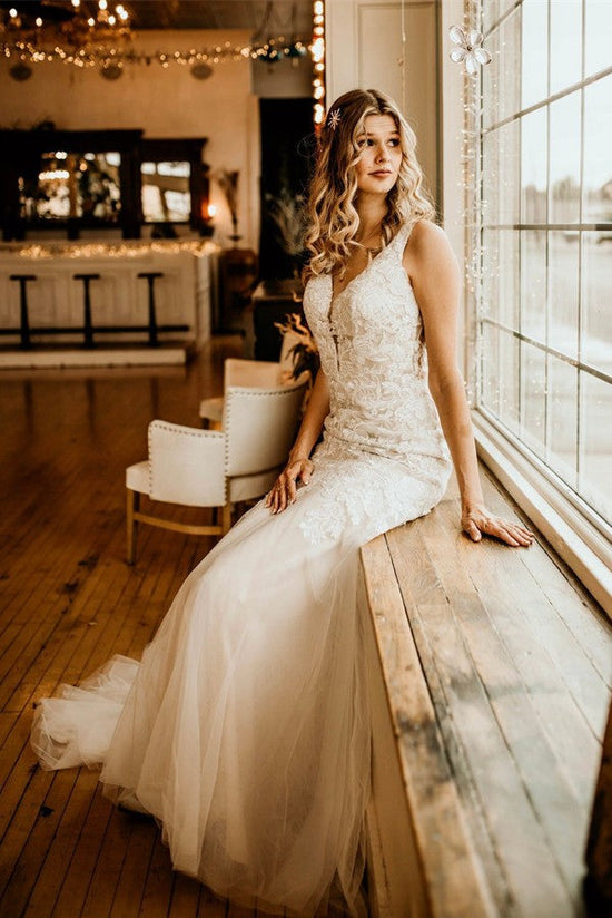 Load image into Gallery viewer, Ivory Long Mermaid V-neck Straps Tulle Lace Wedding Dress with Ruffles-BIZTUNNEL
