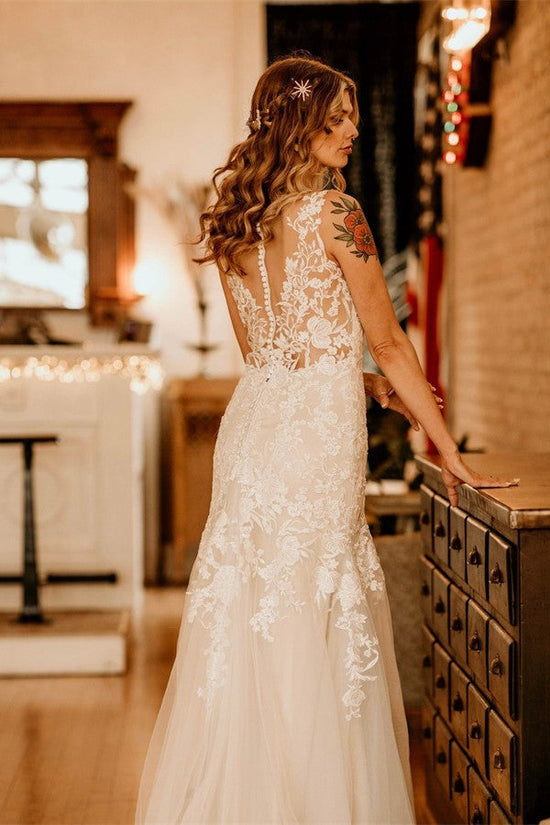 Load image into Gallery viewer, Ivory Long Mermaid V-neck Straps Tulle Lace Wedding Dress with Ruffles-BIZTUNNEL
