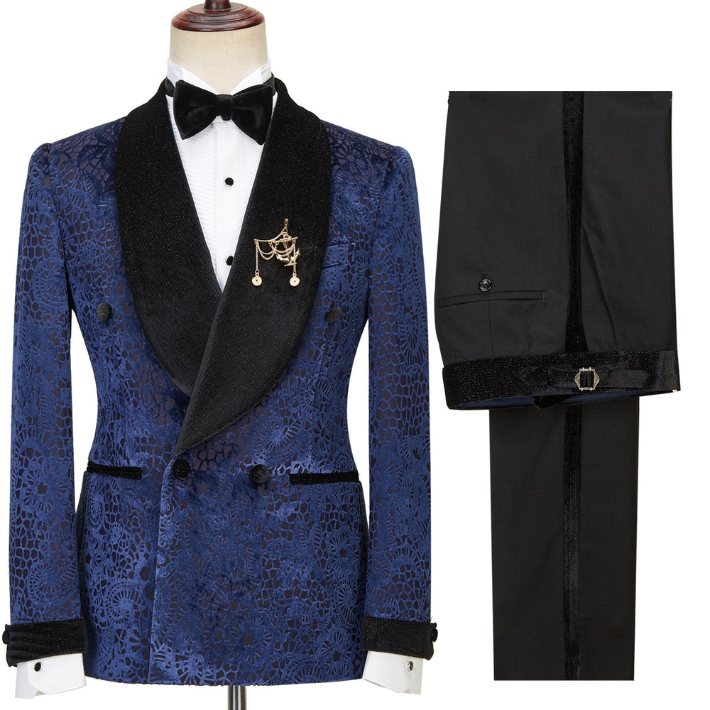 
                  
                    Jane Dark Navy Jacquard Double Breasted Sparkle Shawl Lapel Men Suits For Wedding
                  
                
