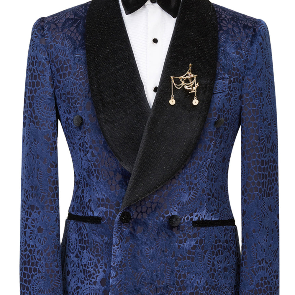 Jane Dark Navy Jacquard Double Breasted Sparkle Shawl Lapel Men Suits For Wedding