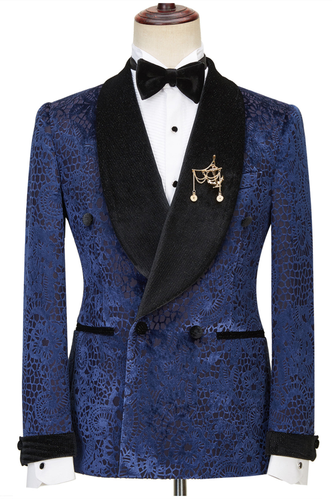Jane Dark Navy Jacquard Double Breasted Sparkle Shawl Lapel Men Suits For Wedding