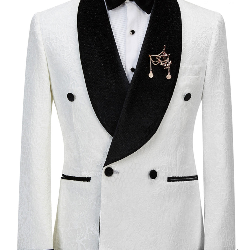 Jesus Chic Sparkle Shawl Lapel Jacquard Double Breasted White Wedding Suits