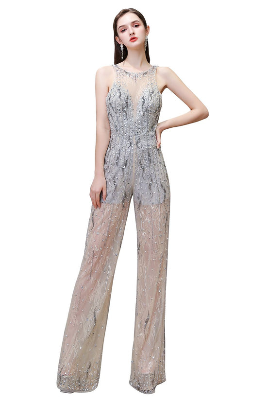 Jewel Sleeveless Tulle Evening Jumpsuit with Sequins-BIZTUNNEL