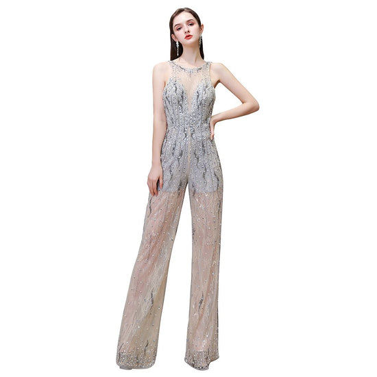 Jewel Sleeveless Tulle Evening Jumpsuit with Sequins-BIZTUNNEL