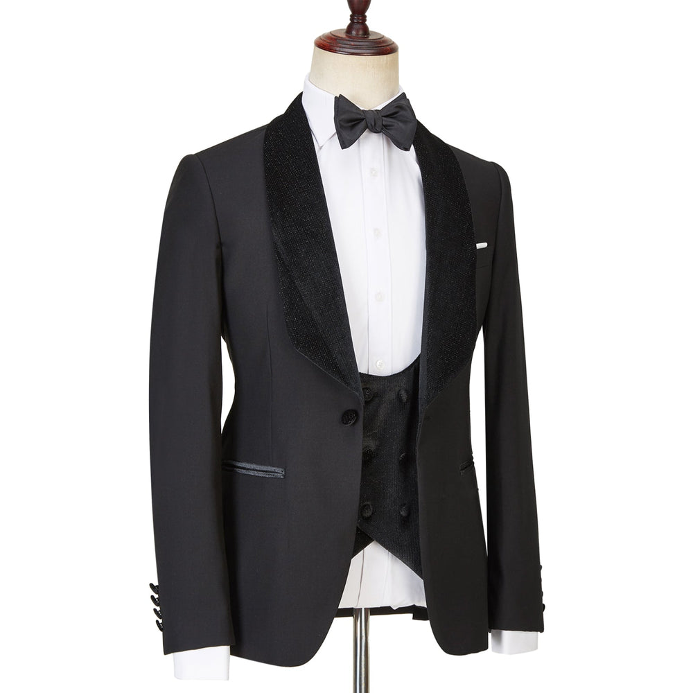 
                  
                    Jose Modern Three Pieces Black Shawl Lapel Sparkle Men Wedding Suits
                  
                