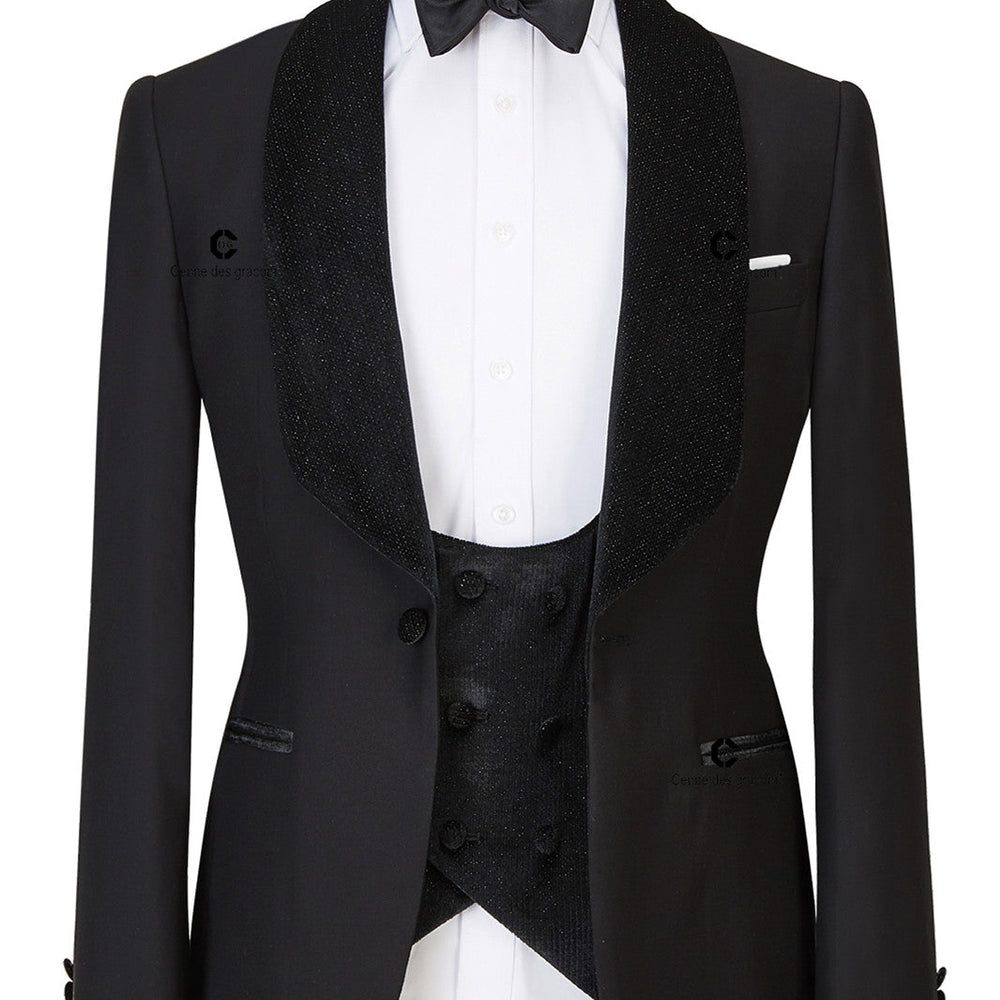 Jose Modern Three Pieces Black Shawl Lapel Sparkle Men Wedding Suits