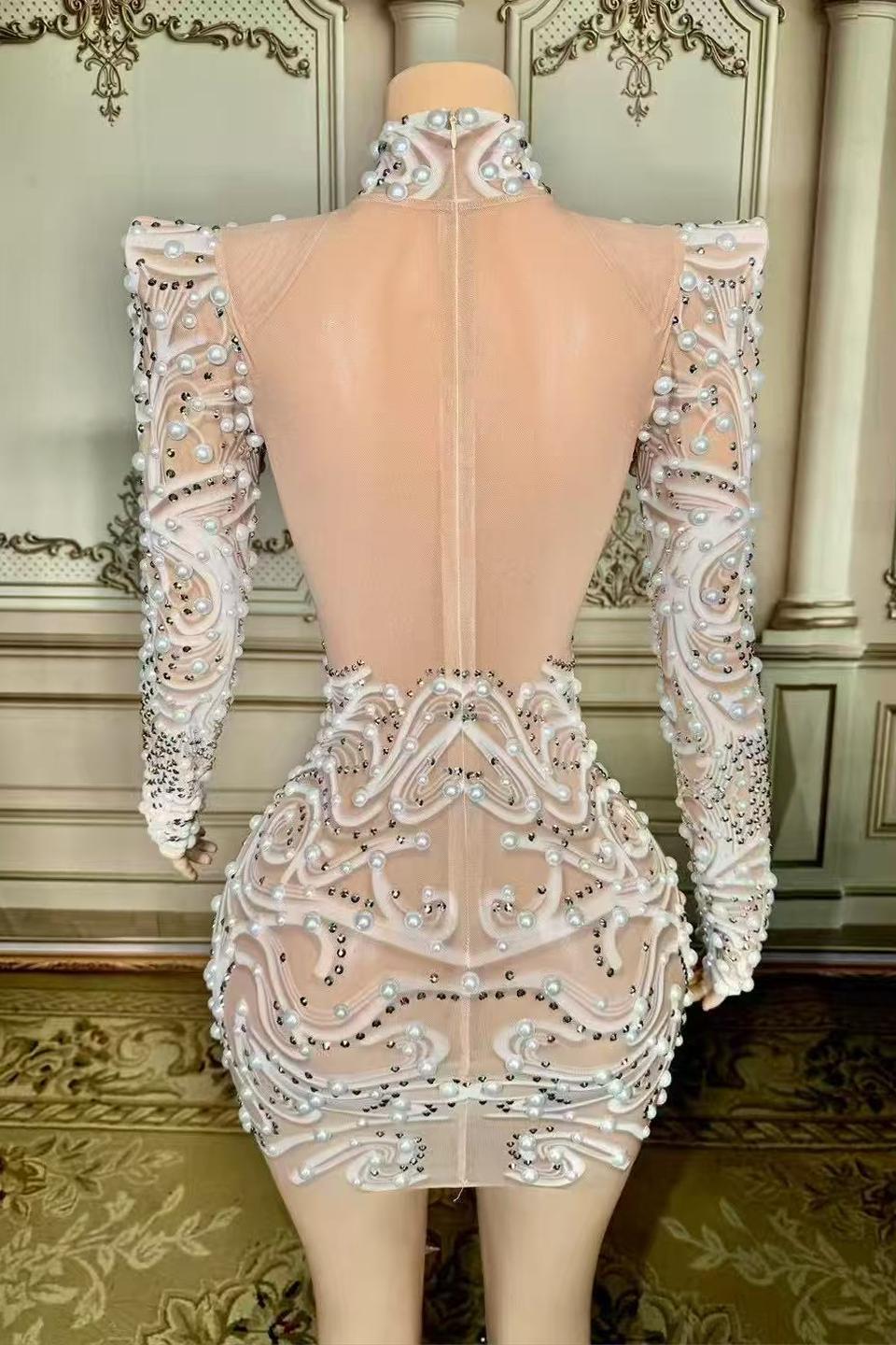 Lace Long Sleeves Illusion High Neck Homecoming Dress with Pearl BIZTUNNEL Lace Long Sleeves Illusion High Neck Homecoming Dress with Pearl BIZTUNNEL