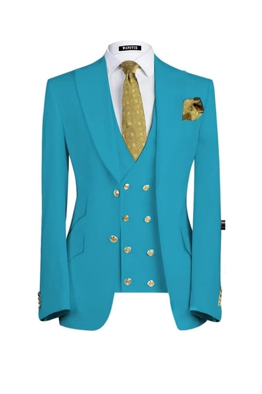Bartholomew Fancy Lake Blue Peaked Lapel Three Pieces Prom Men Suits