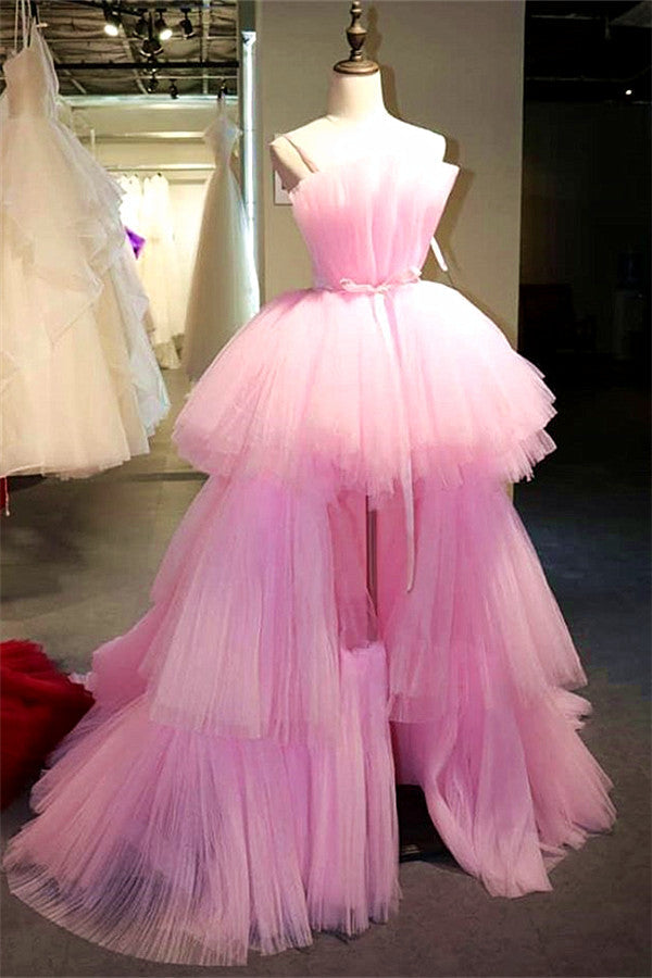 Latest High Low A-line Strapless Tulle Pink Formal Prom Dresses-BIZTUNNEL