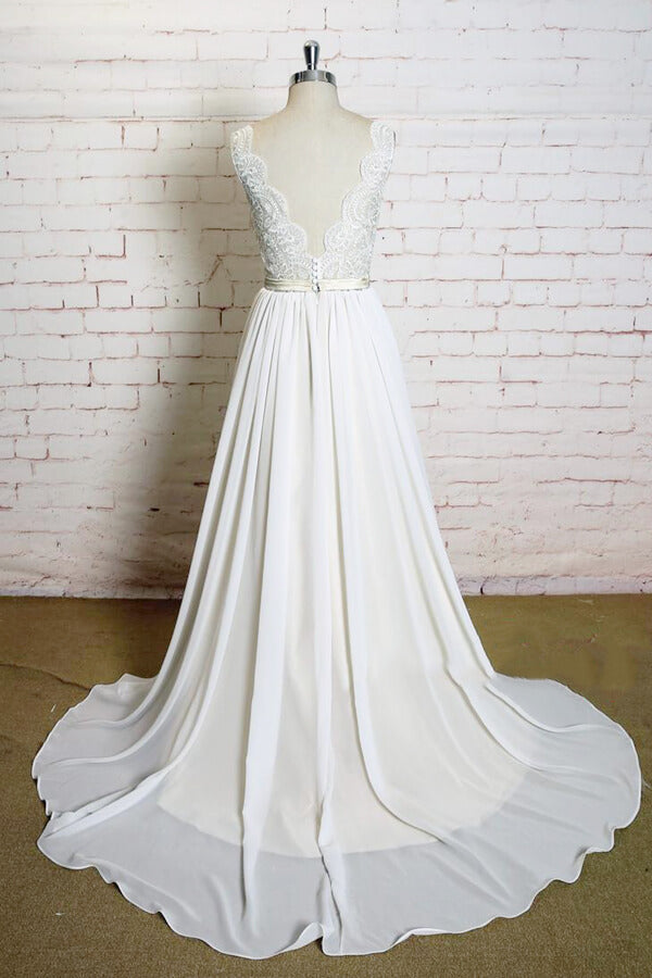 Latest Long A-line V-neck Lace Chiffon Wedding Dress-BIZTUNNEL