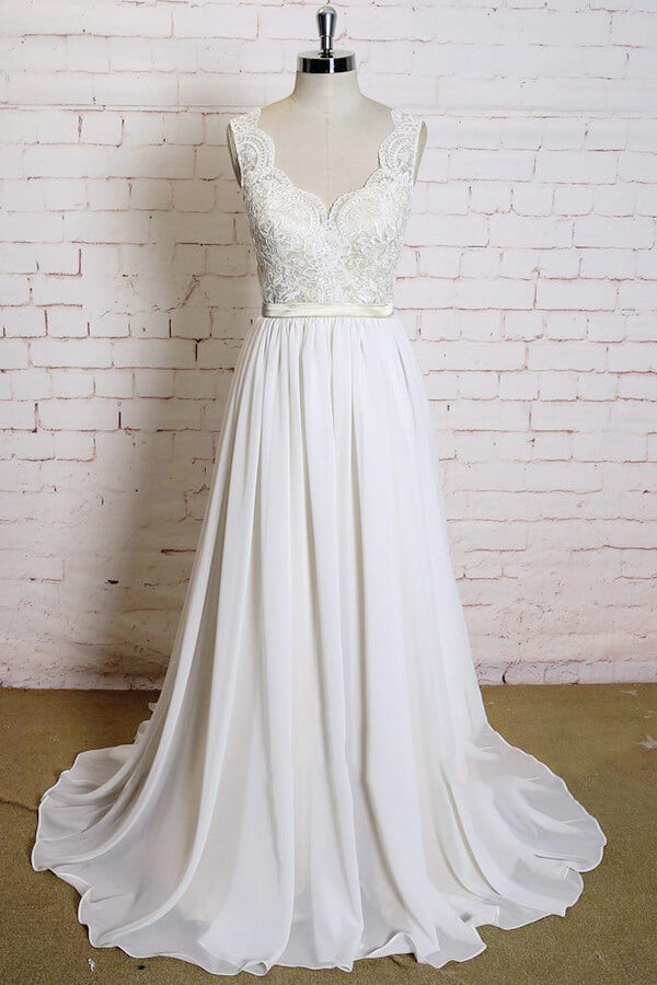 Latest Long A-line V-neck Lace Chiffon Wedding Dress-BIZTUNNEL