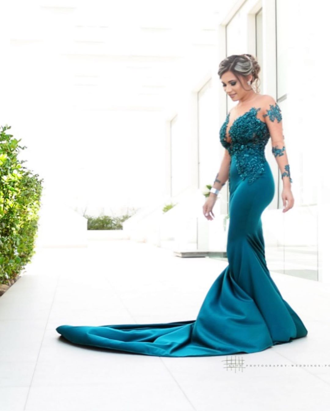Latest Long Mermaid Jewel Satin Prom Dress with Sleeves-BIZTUNNEL