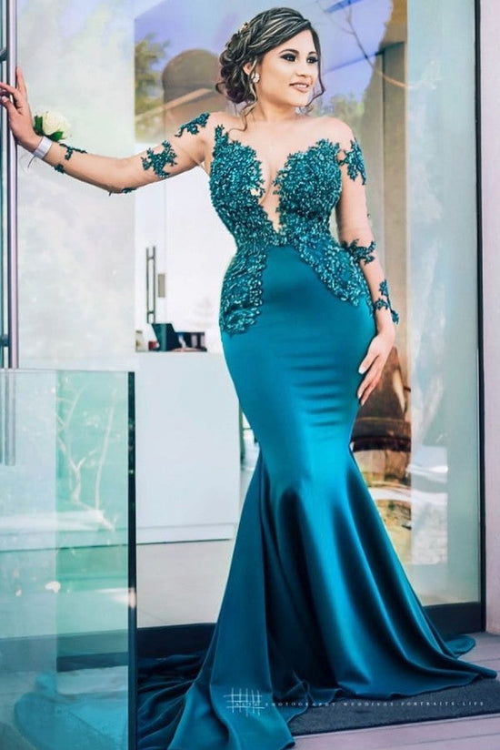 Load image into Gallery viewer, Latest Long Mermaid Jewel Satin Prom Dress with Sleeves-BIZTUNNEL
