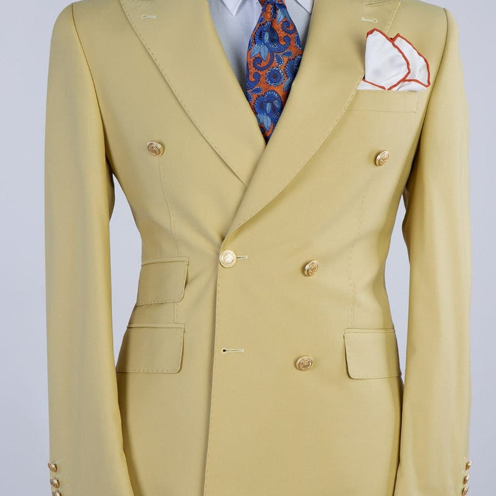 Lenny Sparkly Yellow Double Breasted Peaked Lapel Men Prom Suits