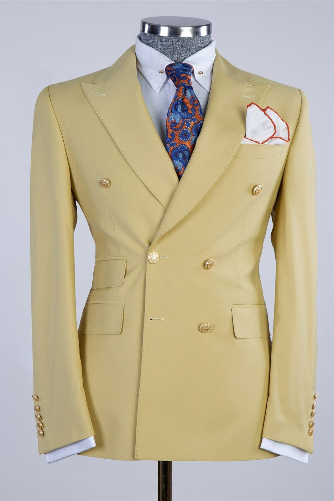 Lenny Sparkly Yellow Double Breasted Peaked Lapel Men Prom Suits