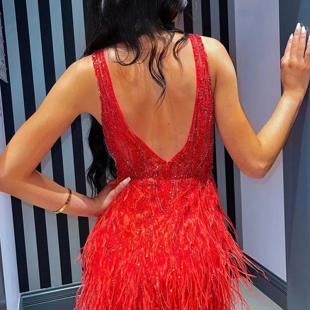 
                  
                    Light Blue Beaded Sequins Tight Homecoming Dress with Feathers
                  
                