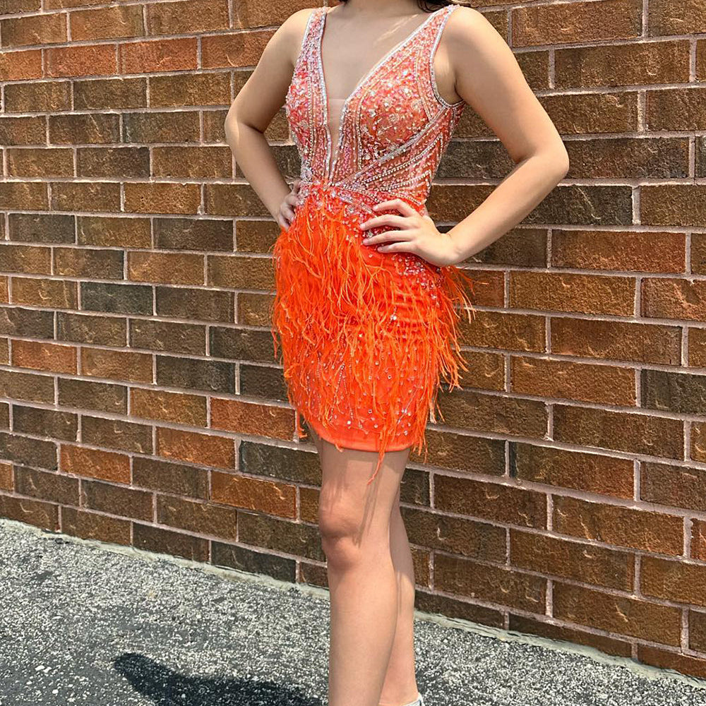 
                  
                    Light Blue Beaded Sequins Tight Homecoming Dress with Feathers
                  
                