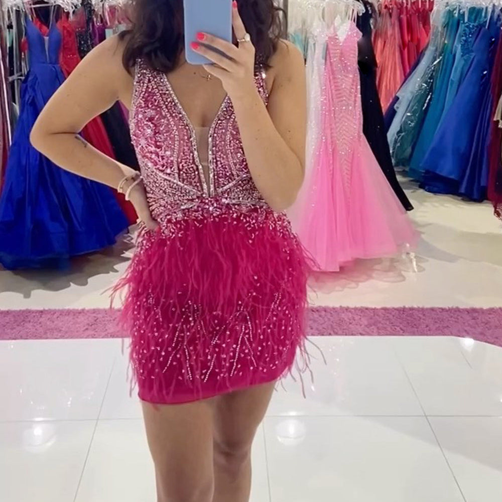 
                  
                    Light Blue Beaded Sequins Tight Homecoming Dress with Feathers
                  
                