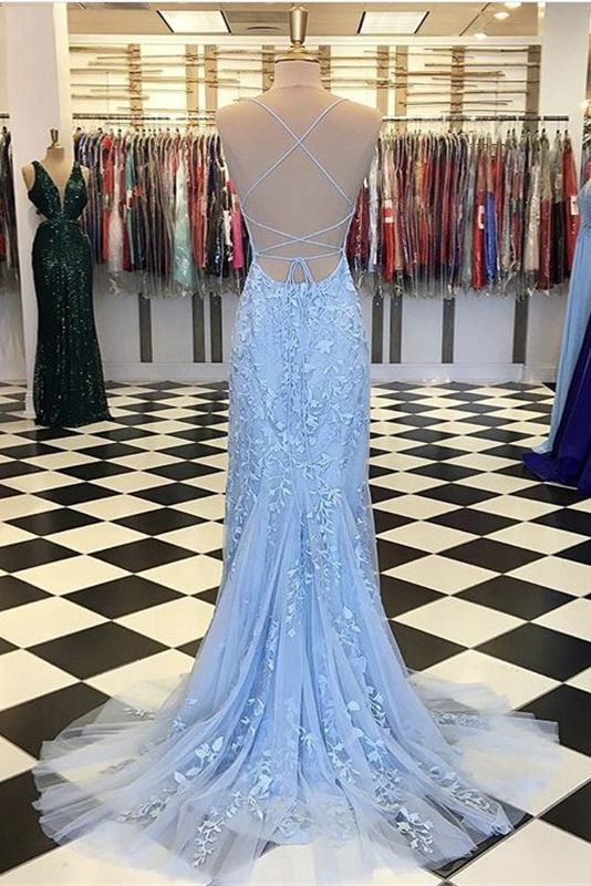 Light Blue Long Lace Open Back Mermaid Prom Dress BIZTUNNEL Light Blue Long Lace Open Back Mermaid Prom Dress BIZTUNNEL