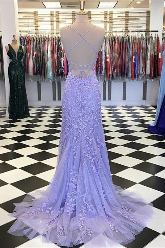 Light Blue Long Lace Open Back Mermaid Prom Dress-BIZTUNNEL