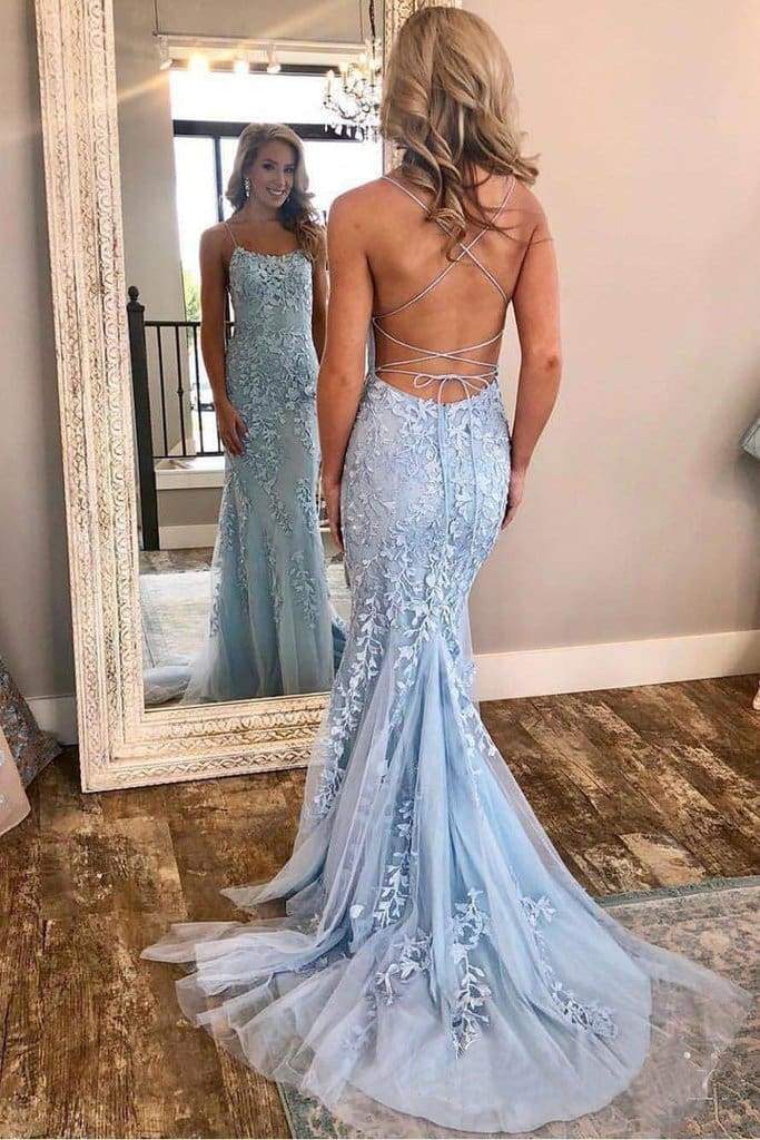 Light Blue Long Lace Open Back Mermaid Prom Dress-BIZTUNNEL