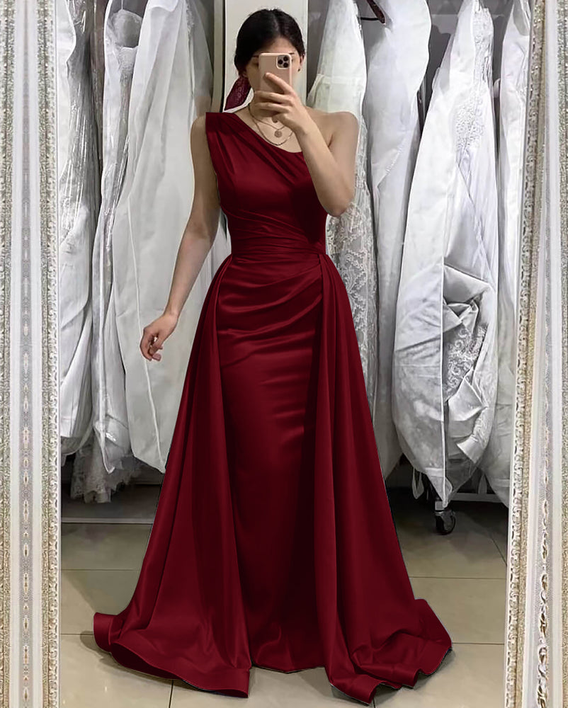 Mermaid One Shoulder Sleeveless Long Satin Prom Dress with Detachable   BIZTUNNEL