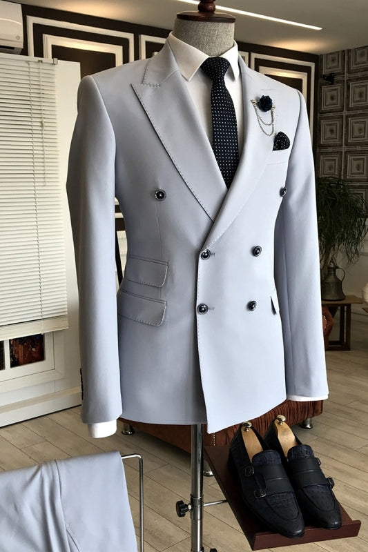 Hiram Light Blue Peaked Lapel Double Breasted Close Fitting Prom Suits