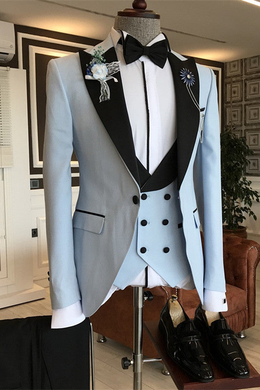 Don Light Blue Three Pieces Close Fitting Prom Suits With Black Peaked Lapel