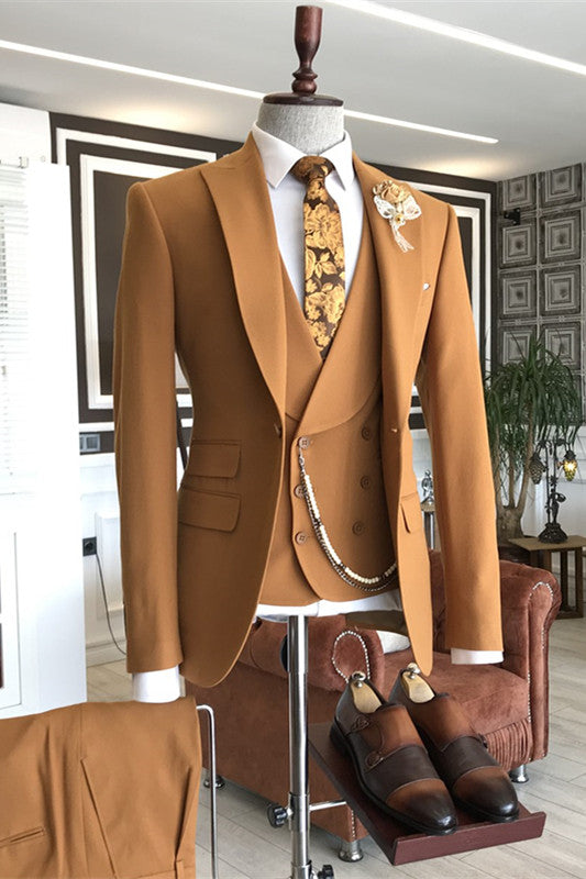 Evan Light Khaki Peaked Lapel Three Pieces Chic Prom Suits