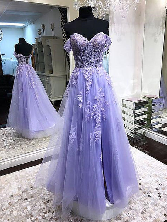 Lilac Long A-line Off the Shoulder Tulle Lace Formal Prom Dresses-BIZTUNNEL